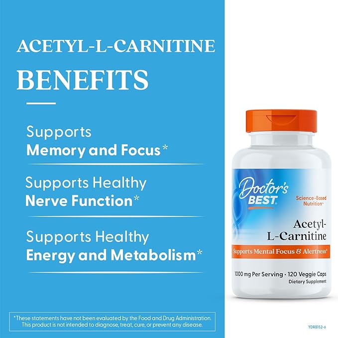 Doctors Best Acetyl-L-Carnitine Supports Mental Focus &amp Alertness Non-GMO Gluten Free Soy Free Vegan 120 Veggie Caps