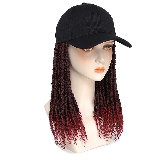 Hat Wig Baseball Cap with Short Pre-Twisted Passion Twist Hair Extensions Synthetic ombre Black Burgundy Small Curly Ends Bomb Twists Adjustable Black Hat Wig for Black Women (12inch TBUG)