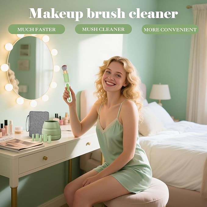 Electric Makeup Brush Cleaner Machine -15000RPM Fast Deep Cleaning and Dry Make Up Brushes Efficient Cleaning with Storage Cas Portable Spinning Washer Gift for Women-Green