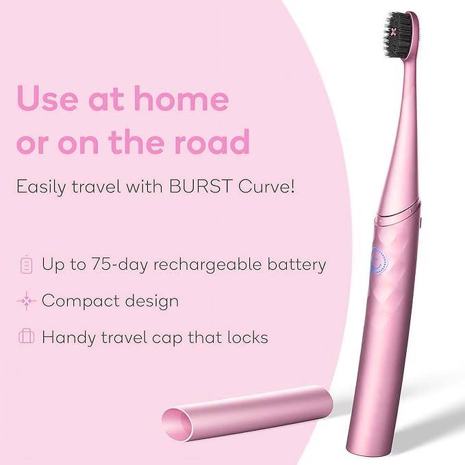 Burst Curve Sonic Electric Toothbrush for Adults (Blush Pink) | Slim Travel Brush with Cover | Ultra Soft Bristles | Up to 2 Month Rechargeable Battery | Two Modes &amp Timer