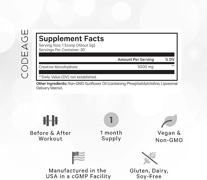 Codeage Liposomal Creatine Powder Supplement Pure Creatine Monohydrate 5000mg Pre Workout &amp Post Workouts - Unflavored Creatine Micronized Creatine Powder - Creatinine for Sports - 30 Servings