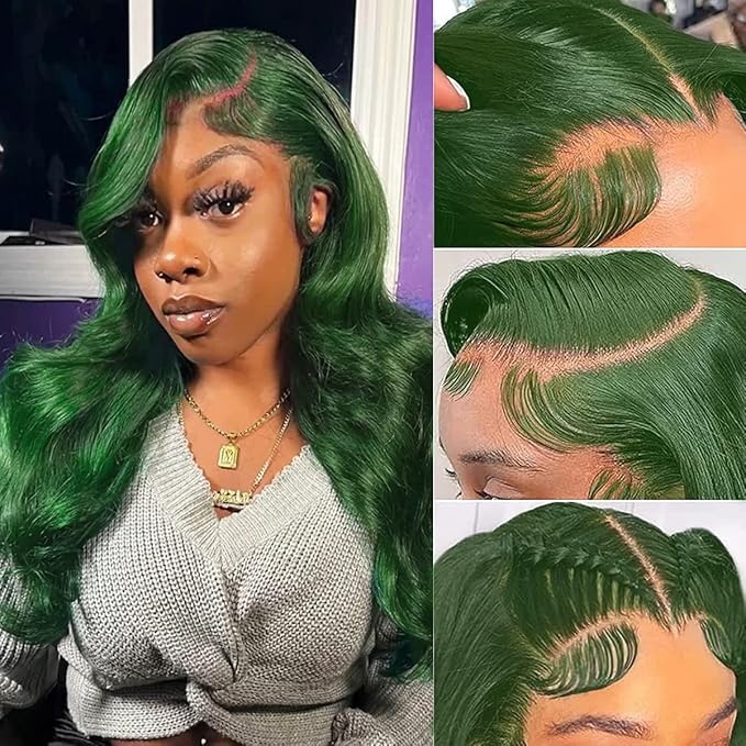 Colorful Bird 32 Inch Dark Green Lace Front Wigs Human Hair Body Wave 13x4 HD Lace Frontal Wig Pre Plucked with Baby Hair Green Wigs Glueless 150% Density