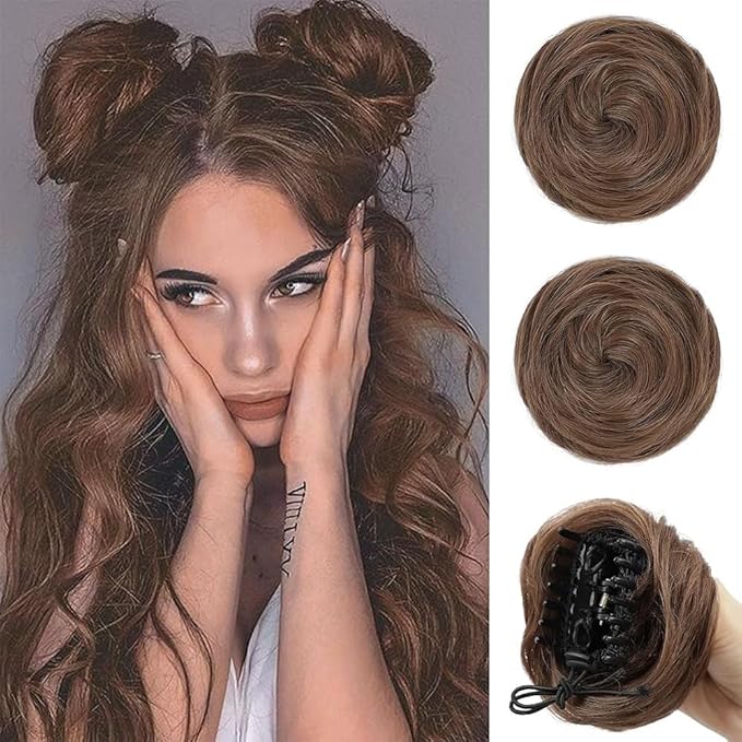 Hair Buns 2PCS Space Buns Mini Claw Clip in Hair Bun Extensions Messy Cat Ears Wig Accessory Synthetic Donut Updo Hairpieces for Girls Hair Buns Hair Piece(Bright golden brown)