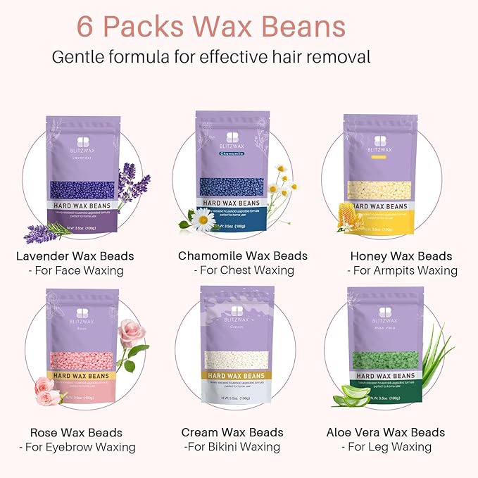 BLITZWAX Brazilian and Bikini Waxing Kit for Women Hard Wax Warmer for Face Legs and Body At Home Hair Removal Kit Beginner Friendly Quick Heating 6 Packs Wax Beads