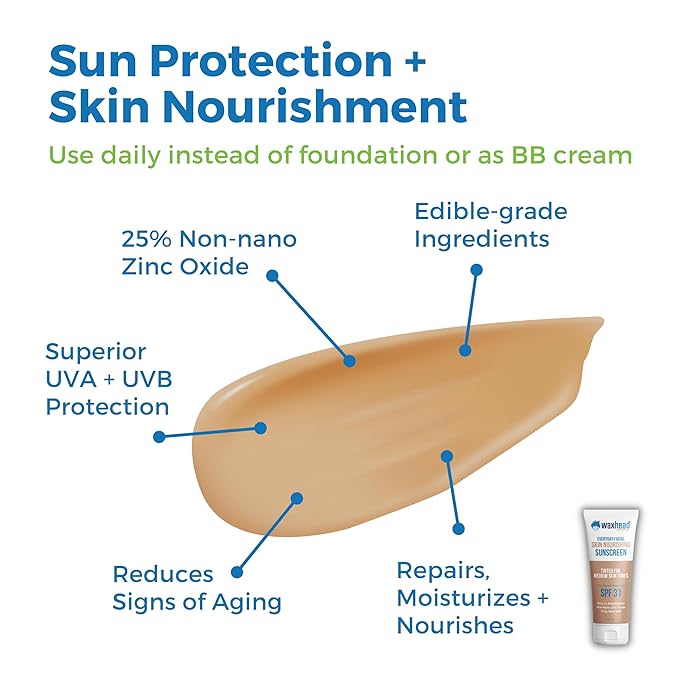 Waxhead Tinted Mineral Sunscreen for Face ? Sheer Glow BB Cream Moisturizer with SPF?31 Non-Nano Zinc Oxide Unscented Non?Comedogenic Mineral Facial Sunscreen Wear under Makeup (Medium Tint 4oz)