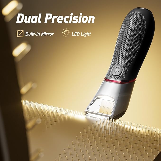Body Groomer for Men: Pubic Hair Trimmer with Mirror &amp LED Light - Electric Ball Shaver with Ceramic Blades &amp Travel Lock - Men's Shaver IPX7 Waterproof for Use on Groin/Legs/Chest