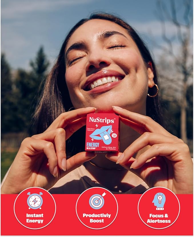 NuStrips??Fast-Dissolving Energy Strips with 50mg Caffeine L-Theanine &amp Vitamin B12 ? Instant Energy &amp Focus Without Jitters or Crash ? Works Faster Than Coffee ? Refreshing Lemon (30 Strips)