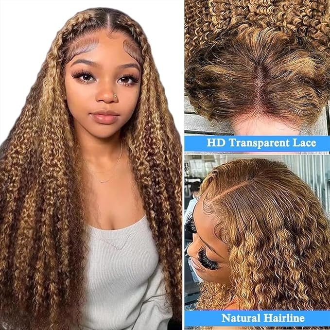 30 inch Highlight Deep Wave Wig Human Hair 13x4 Honey Blonde Wig Human Hair 4/27 Curly Highlighted Human Hair Wig Glueless Pre Plucked Honey Brown Deep Wave Wig 180% Density