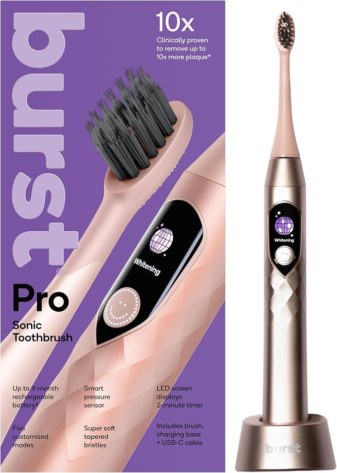 Burst Pro Sonic Advanced Electric Toothbrush for Adults (Rose Gold) | Soft Bristles | 33000 Vibrations | Long-Lasting Battery and Multiple Brushing Modes