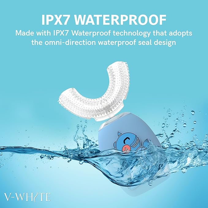 V-WHITE Electric Toothbrush Kids- Ultrasonic U-Shaped Toothbrushes for Teeth Whitening - 360° Mouth Cleansing Hands Free Gums Protection - Wireless Charging &amp LED Light - Waterproof IPX7 Certifie