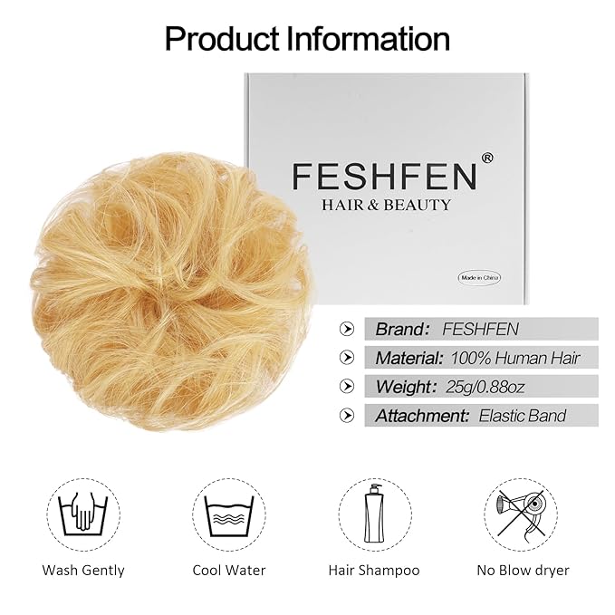 FESHFEN Human Messy Buns - 100% Human Hair Bun Real Scrunchies Hair Pieces Ponytail Extensions Wavy Tousled Updo Chignon Hairpieces for WomenMixed Blonde
