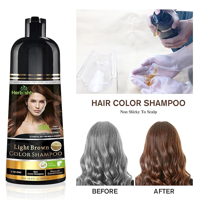 Herbishh Light Brown Hair Color Shampoo - 3-In-1 Magic Dye for Gray Hair 500 Ml + Essential Flower Hair Oil - Organic Formula for Dry Damaged Hair 60 ML