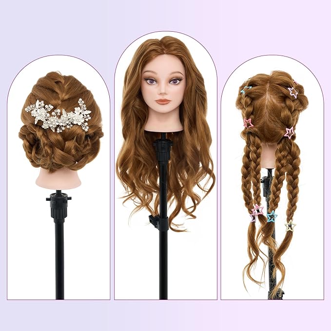 28 Mannequin Head with 80% Human Hair - Cosmetology Makeup Manikin Doll Head for Hair Styling Hairdressing Training Practice Braiding Head with Table Clamp Styling Set Suitable for Hair Extensions