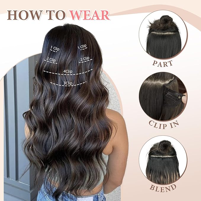Synthetic Clip in Hair Extensions 6PCS Natural &ampSoft Hair&amp Blends Well Lonng Wavy Hairpieces(20inch6pcs Black with Brown Highlights)