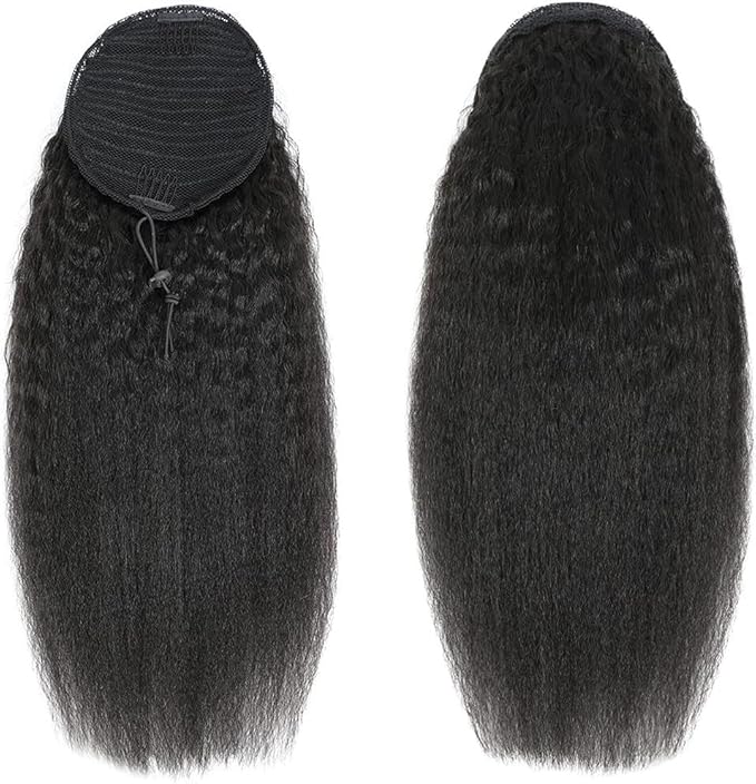 datanala Brazilian Remy Kinky Straight Ponytail Human Hair Extensions 16Inch Drawstring Ponytail Yanky Straight Human Hair Ponytail Clip in Hair Extensions Nature Black Color for Women