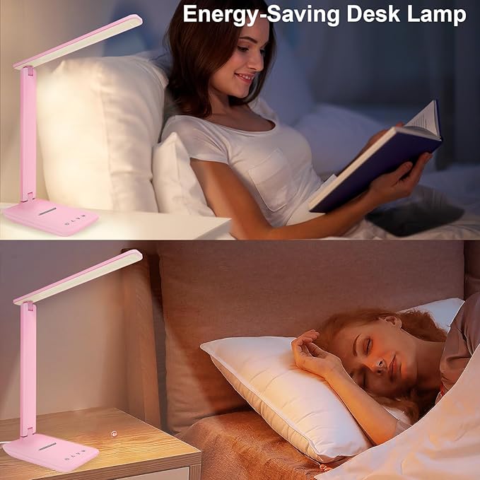 White crown LED Desk Lamp Dimmable Table Lamp Reading Lamp with USB Charging Port 5 Lighting Modes Sensitive Control 30/60 Minutes Timer (Pink First-Generation)