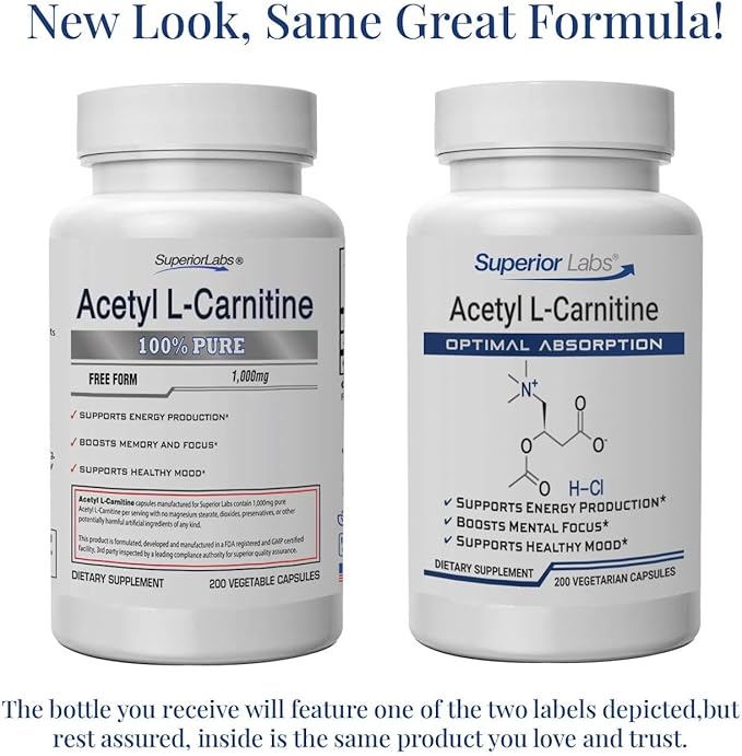 Superior Labs Acetyl L-Carnitine 500 mg High Potency ALCAR Pure Non-GMO Zero Synthetic Additives Maximum Absorption Energy &amp Fat Metabolism Brain Nerve &amp Cellular Detox Support (200 Ve