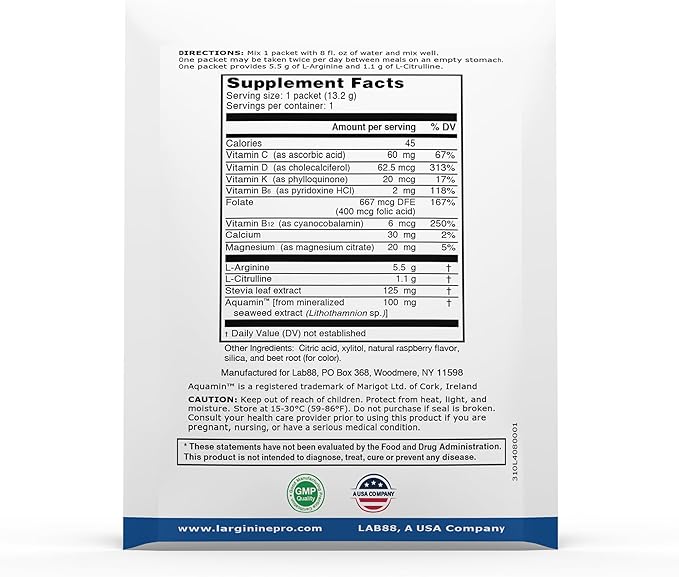 L-ARGININE PRO Supplement Powder | 60 Packets Single Serve Travel Size | 5500mg of L-arginine Plus 1100mg L-Citrulline Raspberry