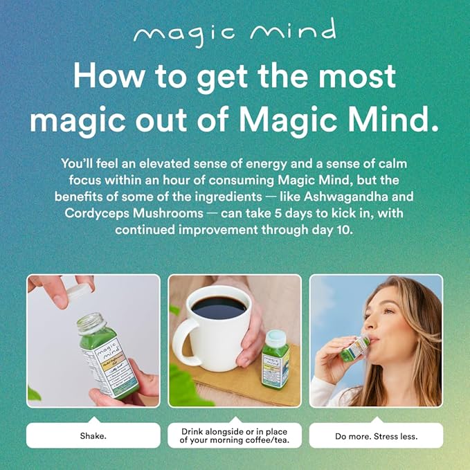 Magic Mind Energy And Focus Drink Shots - Stress Relieving No Jitters Ashwagandha Vitamin B12 Vitamin C Matcha Green Tea Functional Mushrooms - 2 FL Oz (15 Pack)