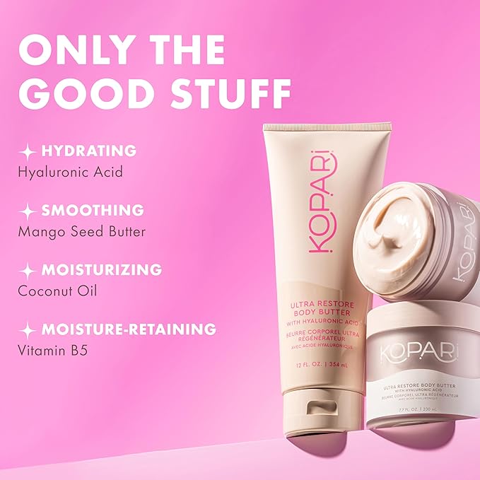 Kopari Jumbo Ultra Restore Body Butter Whipped Lightweight Formula Hyaluronic Acid &amp Mango Seed Butter Deep &amp Long-Lasting Moisture Coconut 12 oz