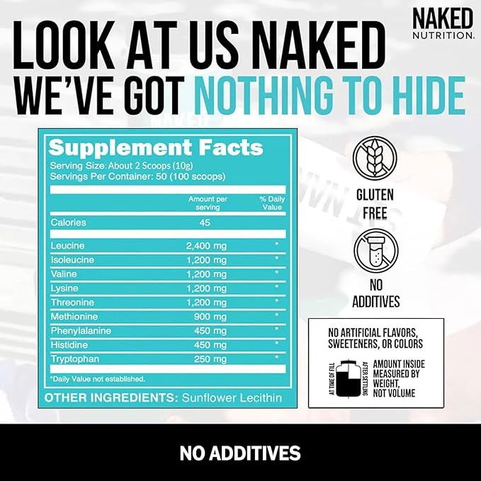 NAKED EAAs Amino Acids Powder - 50 Servings - Vegan Unflavored Essential Amino Acids 500 Grams - Instantized All Natural EAAs Powder Supplement