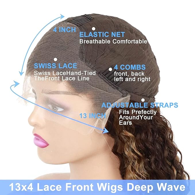 30 inch Highlight Deep Wave Wig Human Hair 13x4 Honey Blonde Wig Human Hair 4/27 Curly Highlighted Human Hair Wig Glueless Pre Plucked Honey Brown Deep Wave Wig 180% Density