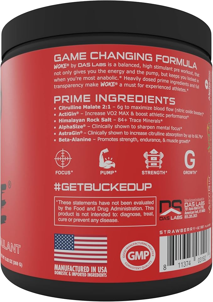 Bucked Up - Woke - HIGH STIM Pre Workout - Best Tasting - Focus Nootropic Pump Strength and Growth 30 Servings (Strawberry Kiwi)