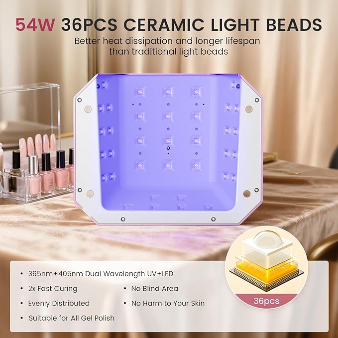 Lavinda 54W UV LED Nail Lamp ? Plug-in Gel Nail Light with LCD Display 4 Timers Auto Sensor Dual Wavelength Nail Dryer for Home &amp Salon Pink