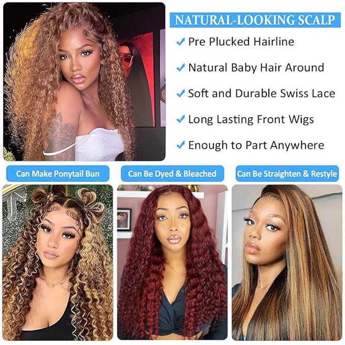 30 inch Highlight Deep Wave Wig Human Hair 13x4 Honey Blonde Wig Human Hair 4/27 Curly Highlighted Human Hair Wig Glueless Pre Plucked Honey Brown Deep Wave Wig 180% Density