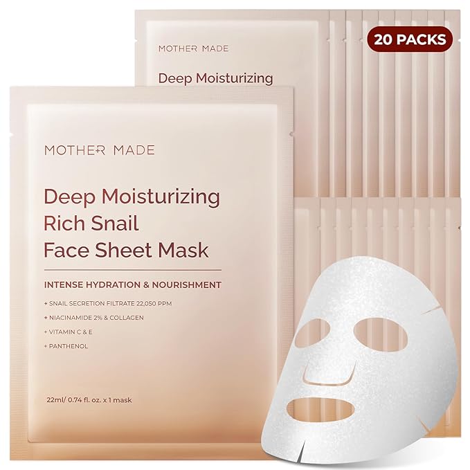 MOTHER MADE Glowing Glass Skin Hydrating Snail Deep Collagen Face Masks Set of 20 EA with Niacinamide 2% Vitamin E Facial Mask for Dry Sensitive Skin Self Care Korean Skincare
