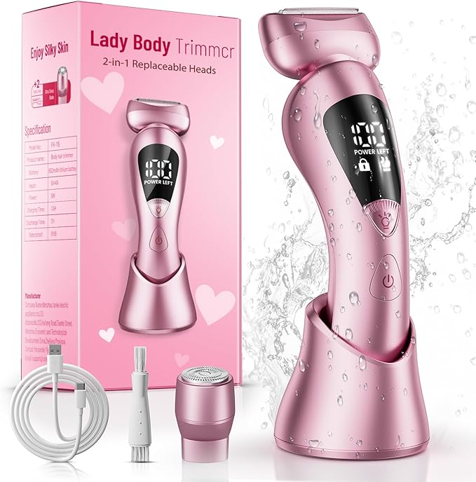 Electric Bikini Trimmer for Women: Rechargeable Painless Shaver for Body Hair - IPX7 Waterproof Cordless Razor with LED Display for Face/Leg Light Pink