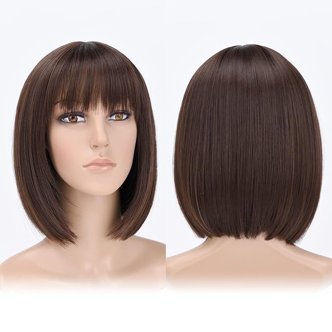 HSPJHTM Brown Bob WigsShort Bob Hair Wigs 12 Straight with Bangs Synthetic Colorful Cosplay Daily Party Wig for Women Natural Brown(Free Wig Cap)