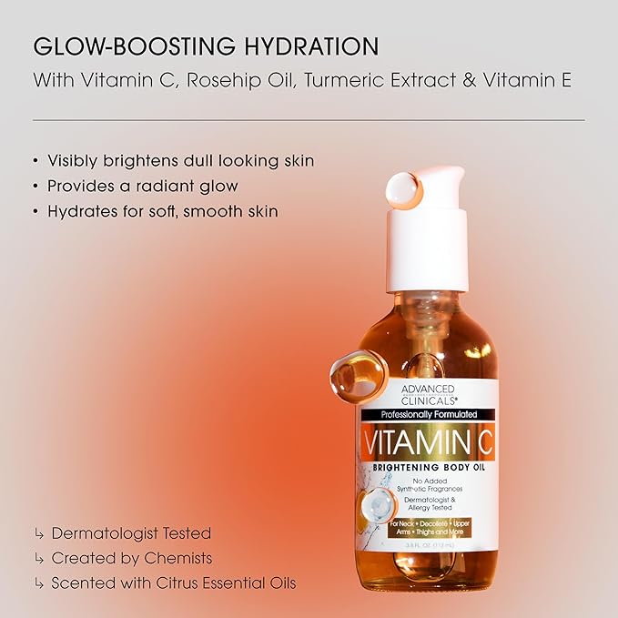 Advanced Clinicals Vitamin C Brightening Body Oil For Women &amp Men | Vitamin C Oil Skin Care Body Moisturizer With Vitamin E + Botanicals To Help Improve Appearance Of Dark Spots + Dry Skin 2PC
