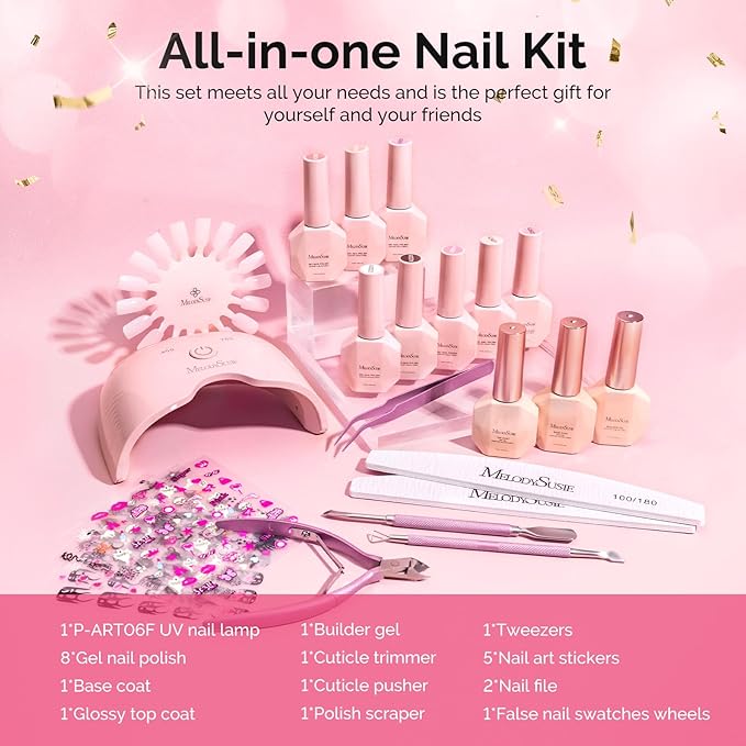 MelodySusie Gel Nail Polish Kit with UV Light P-ART06F- Popular Color Gel with Builder and Baser &ampGlossy Top Coat Soak Off Includes Nail Art Tools Nail Art Gift for Women &amp Girls