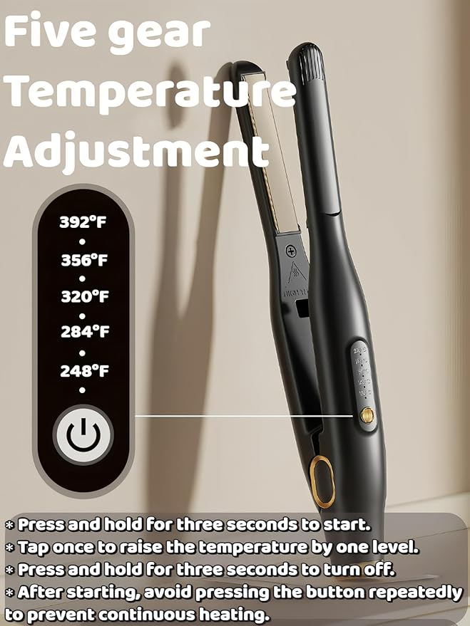 Mini Flat Iron for Short Hair 1/2 inch Ceramic Plates Small Flat Irons for Short Hair Fast Heating Anti-Frizz Temperature Adjustable Auto-Off Travel Size Mini Hair Straightener Black