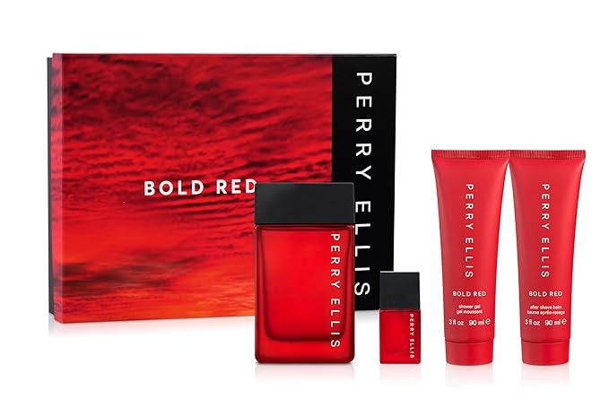 Perry Ellis Bold Red Gift Set: 3.4 fl oz eau de toilette3 oz aftershave3 oz shower gel.25 fl oz travel mini - lime parsley mandarin nutmeg cinnamon lavender sandalwood patchouli cedarwood