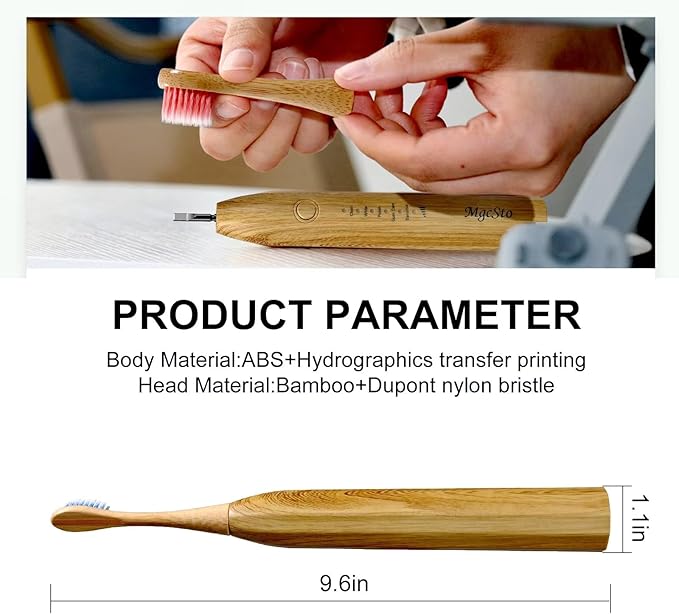 Electric Bamboo Toothbrush Sonic Toothbrush - 4 Replaceable Bamboo Brush Heads Eco-Friendly IPX7 Waterproof Electric Toothbrush One-Button Switch Five-Mode Brushing