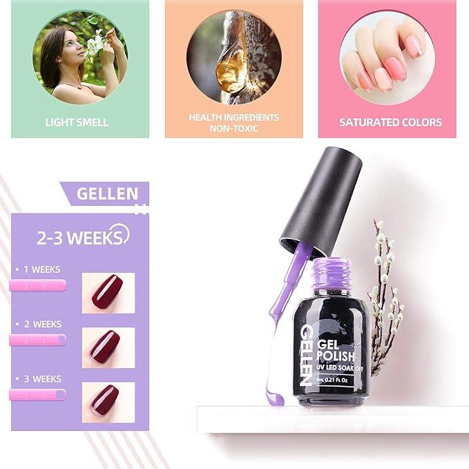 Gellen 16 Colors Gel Nail Polish Kit with Top Base Coat - Fresh Macaron Girly Colors Collection Popular Bright Nail Art Solid Sparkle Glitters Colors Home Gel Manicure Set