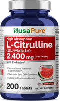 NusaPure L-Citrulline 2400mg 200 Vegetarian Tablets (Non-GMO Gluten Free 100-Day Supply Bioperine)