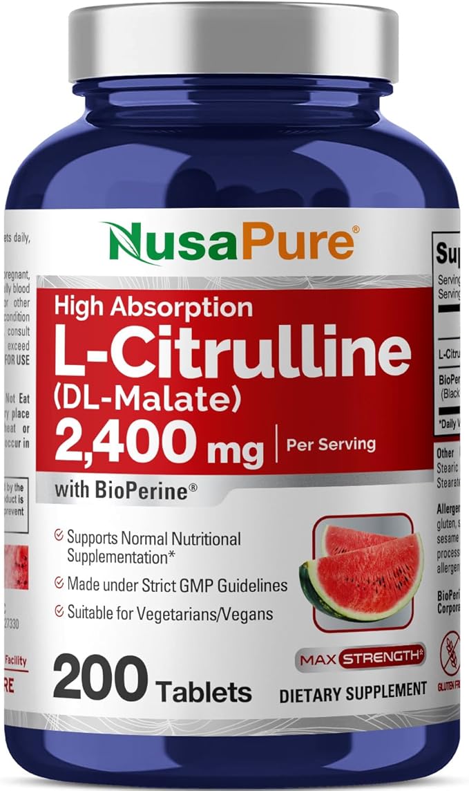 NusaPure L-Citrulline 2400mg 200 Vegetarian Tablets (Non-GMO Gluten Free 100-Day Supply Bioperine)