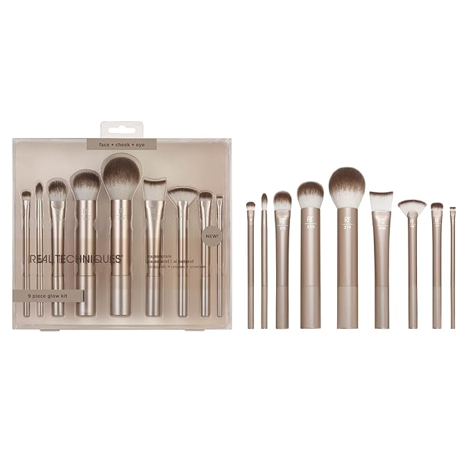 Real Techniques 9 Piece Au Naturale Makeup Brush Set For Liquid Cream &amp Powder Eyeshadow Foundation Blush Bronzer &amp Contour Travel Friendly Brushes Gift Set Cruelty-Free Bristles