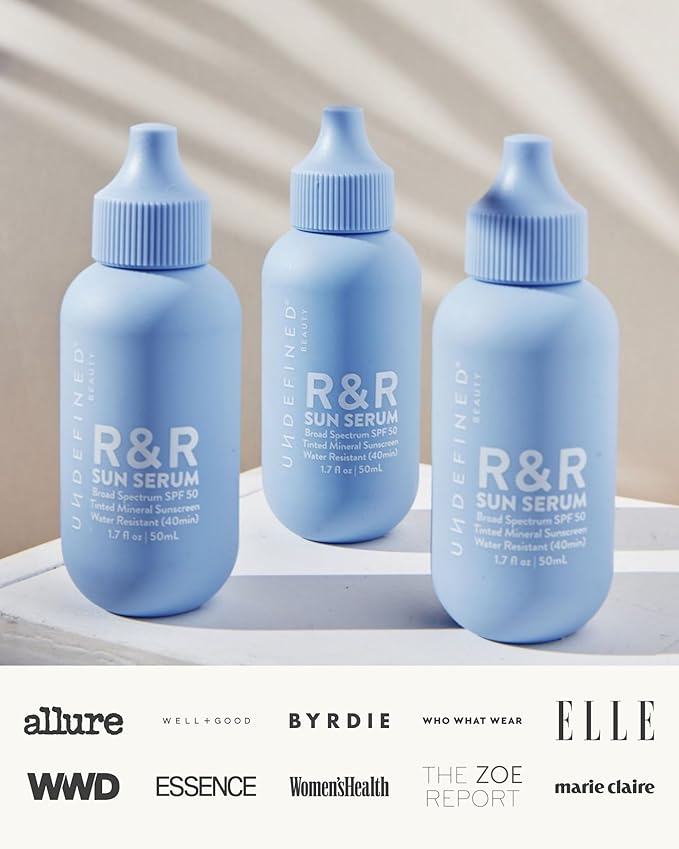 Undefined Beauty R&ampR Sun Serum SPF 50 PA++++ Tinted Mineral Sunscreen with Niacinamide Water Resistant Broad Spectrum Protection &amp Blue Light Defense (Medium Tint)