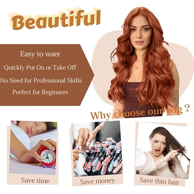 Auburn Wigs for Women 26 inch Lace Hairline Middle Part Long Curly Wig Heat Resistant Synthetic Hair Looking Natural Fiber Wig for Daily Party Use