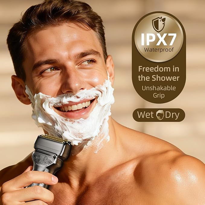 Electric Foil Shaver for Men: Rechargeable Razor with Push-Up Trimmer for Face - Cordless Wet/Dry/Anti-Slip Waterproof Shavers with LED Display - Metal Handheld Design Gray Silver