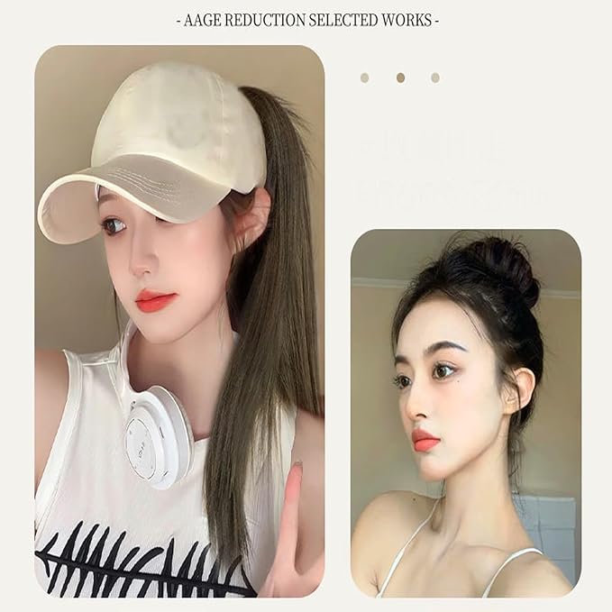 Women's Baseball Cap Wig with Straight Hair High Ponytail - Beige Hat - Brown Black