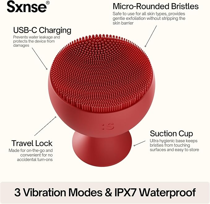 Palm Face Clean Pro? - Electric Face Scrubber for Acne - IPX7 Waterproof and Rechargeable Silicon Face Exfoliator with Slip-Free Grip 3 Speed Setting - Free from phthalates - Cherry