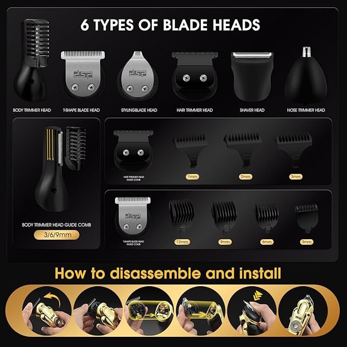 DSP Men's Grooming Kit Beard Trimmer for Men Nose Trimmer Body Trimmer Foil Shaver T-Blade Mustache Cordless Hair Trimmer IPX6 Waterproof2 Speeds Adjustable Gift for Men (Gold)
