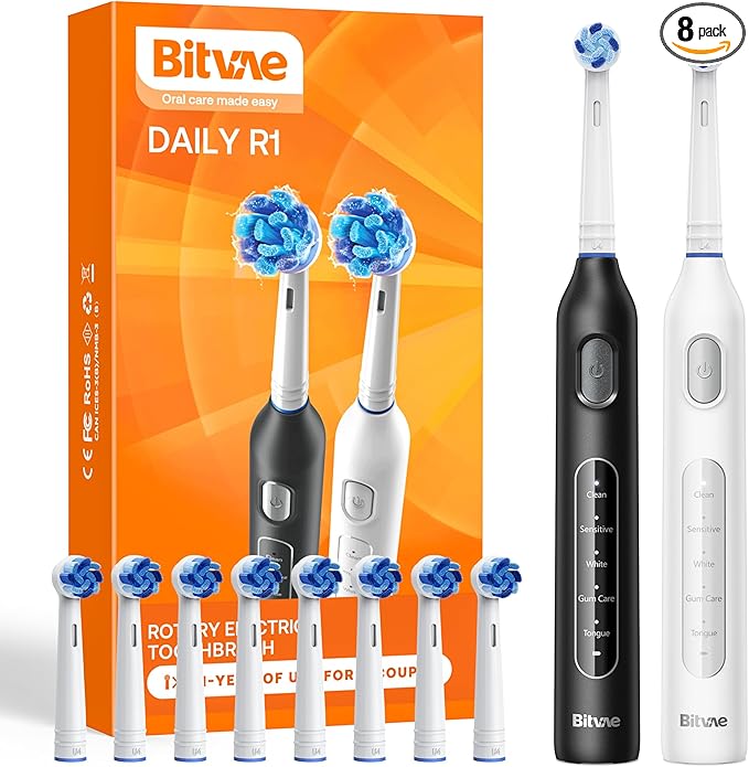 Bitvae Rotating Electric Toothbrush 2 Packs for Adults and Kids 8 Brush Heads 60-Day Battery Life 5 Modes Power Toothbrush with 2-Minute Smart Timer Black &amp White R1