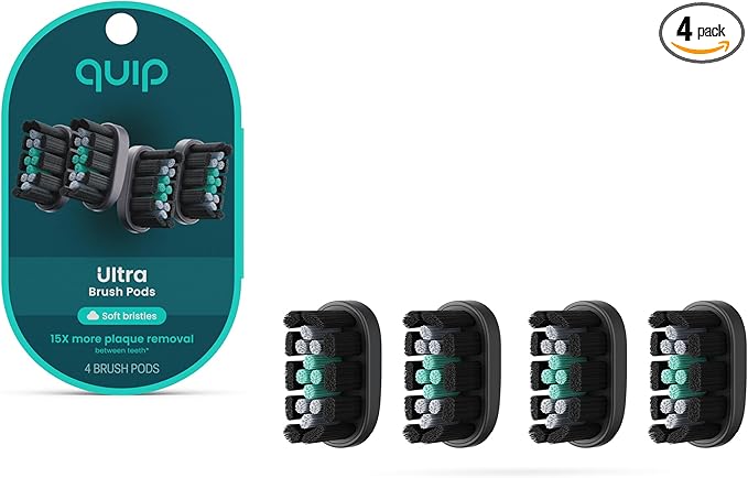quip Ultra Brush Pod Refill Heads - 4 Pack - Verified quip Brush Head Refills for Sonic Electric Toothbrushes - Soft Bristles Compact - Last 3 Months Each - Black