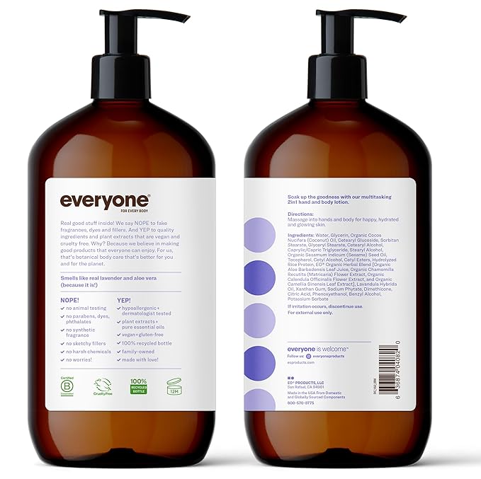 Everyone 2-in-1 Lotion for Hands/Body 32 ounce (Pack of 2) Lavender and Aloe made with Essential Oils for Men and Women